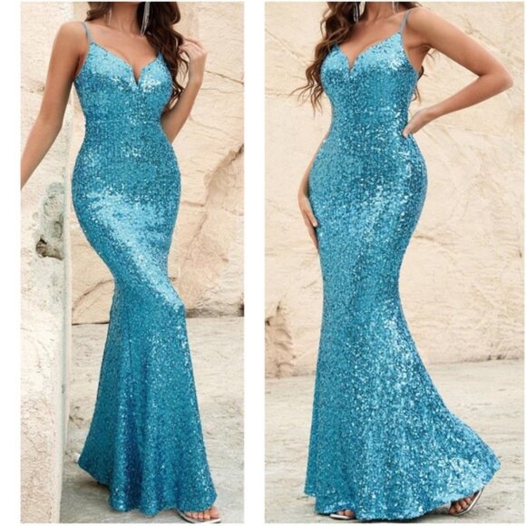 Luxe Blue Sequins Mermaid hem Party Formal Wedding Dress - Picture 1 of 2